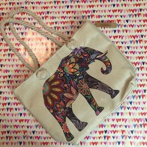 Burlap Beach Tote/Purse w Tattooed Elephant Design